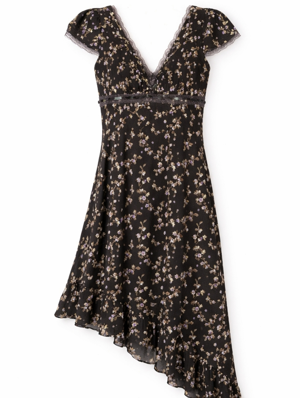 NWT Kimchi Black Floral Cora Lace Trim Asymmetrical Midi Dress, Women's Small